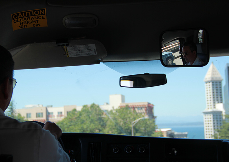View of Seattle's historic Smith Tower as the Circulator heads down Yesler Way (photo by Laura Breitkreutz)