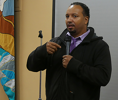 Steering Committee member Dante Pollard speaks about his involvement with the PRWG at Poverty Action's 2019 MLK Day Lobby Day in Olympia, WA (photo by Jalayna Carter)