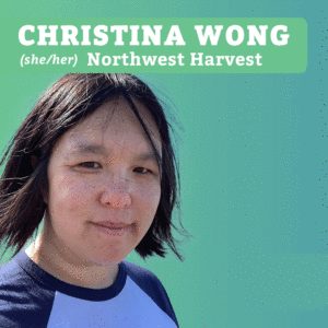 Headshot portrait of a woman wearing a black and white T under the label CHRISTINA WONG (she/her) Northwest Harvest