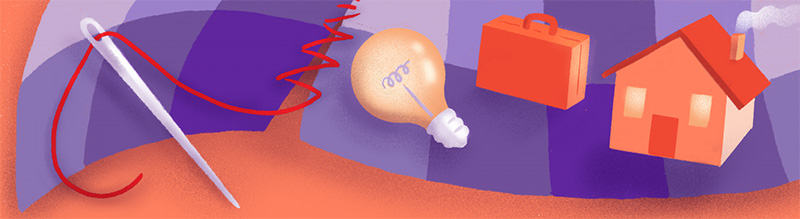 An illustration of a house, light bulb, and suitcase beside a torn quilt that has been sewn back together.
