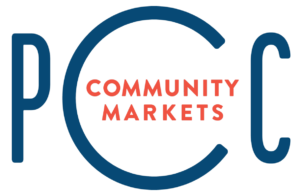 Dark blue and orange-red logo for PCC COMMUNITY MARKETS