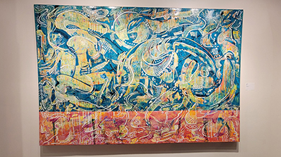 An abstract painting of curvy yellowish shapes and swooping swooping white lines laid over an aquamarine and reddish-orange background 