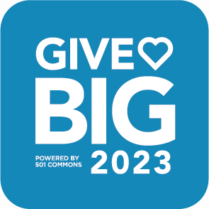 Bright blue square logo with rounded corners and white text reading GIVE♥BIG, POWERED BY 501 COMMONS, 2023.