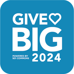 Bright blue square logo with rounded corners and white text reading GIVE♥BIG, POWERED BY 501 COMMONS, 2024.