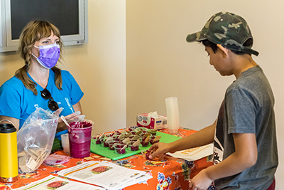 A woman in a surgical mask sits across a table from a young boy who is reaching to pick up one of serval small cups of beet hummus on the table.
