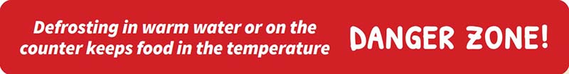 A graphic that reads: "Defrosting in warm water or on the counter keeps food in the temperature DANGER ZONE!"