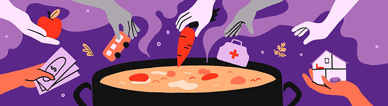 An illustration of a bowling caldren of soup around which hands are tossing in various items, including icons representing a house, dollar bills, and a carrot.