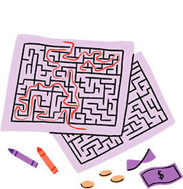 An illustration of two pieces of paper with a maze on each of them and the solution drawn in crayon.