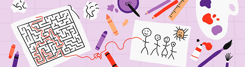 An illustration of a table littered with pens, crayons, a drawing of a stick-figure family, and a maze with the solution drawn through it.