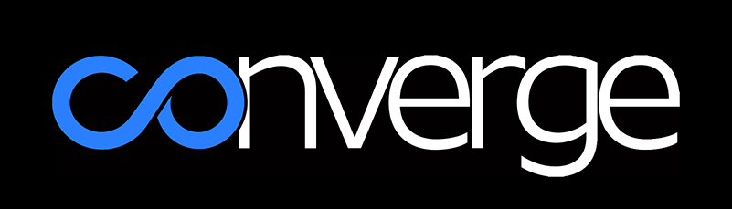Logo reading Converge in blue and white text on a black background