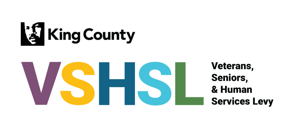 Logo with a black and white graphic of Martin Luther King, Jr.'s face and the words King County, VSHSL: Veterans, Seniors & Human Services Levy