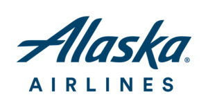 Alaska AIRLINES logo, blue text on white background.