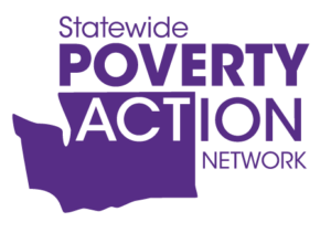 purple and white logo with a graphic of Washington state, reading State POVERTY ACTION NETWORK.