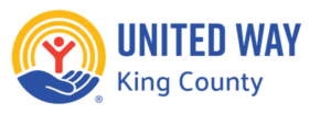 UNITED WAY King County logo with blue text and a circular graphic of an orange person standing on a blue outstretched hand under a gold sunburst.