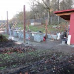 At the end of day one, the support posts have been placed and are stabilized so the concrete can dry overnight.