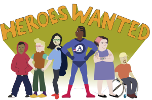 Cartoon of people in superhero garb volunteering for AmeriCoprs duty.