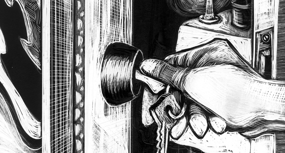 Line art drawing of a hand putting a key into a door and opening it