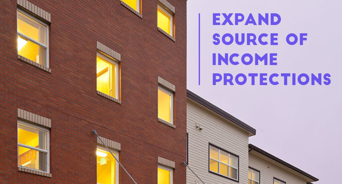 Apartment building with words overlaid: "expand source of income protections"