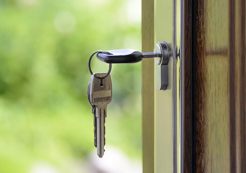 keys in door with blurry greenery in the background