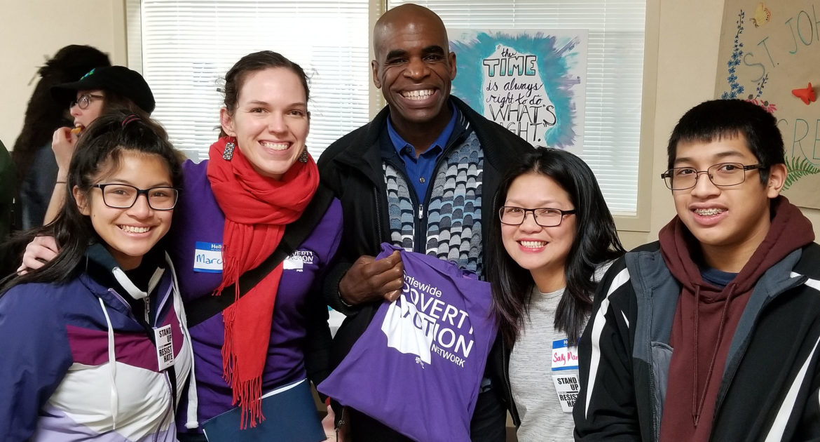 Sally Mary de Leon and her kids with President & CEO Gordon McHenry Jr. and Advocacy & Statewide Poverty Action Network Director Marcy Bowers on MLK Lobby Day (photo courtesy of Sally Mary de Leon)