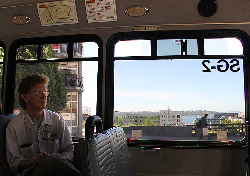 Driver Joe McCrea rides the Circulator (photo by Lara Breitkreutz)