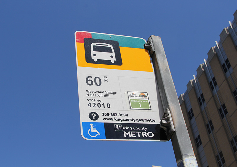 Circulator stop sign with blue sky (photo by Lara Breitkreutz)