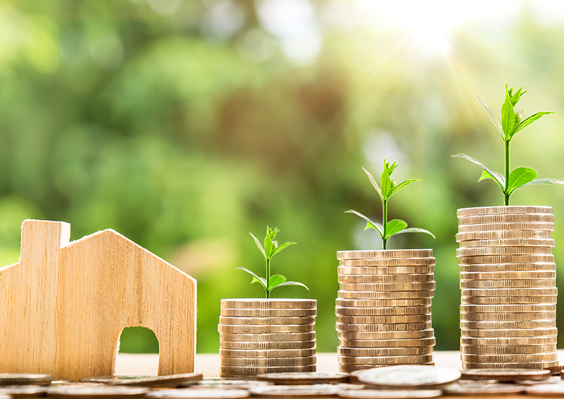 Money stacks and a tiny house