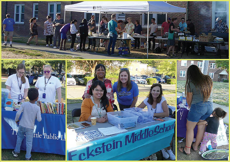 Sand Point Back-to-School community event 2019 (BBQ by OneLife Community Church, Seattle Public Library, Eckstein Middle School, people at the Y's "Slime Buffet")