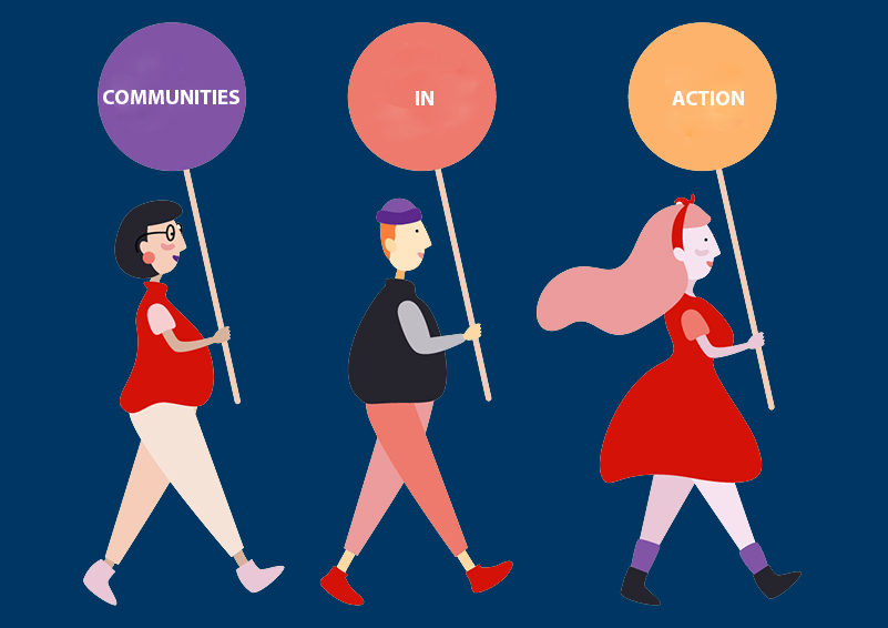 Graphic of three people marching holding signs reading "Communities In Action"