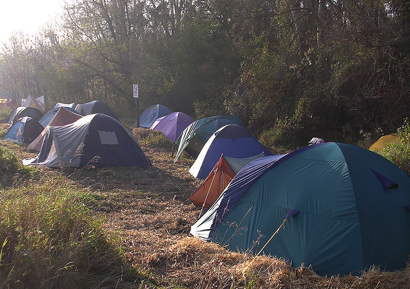 A tent encampment in late afternoon Seattle light
