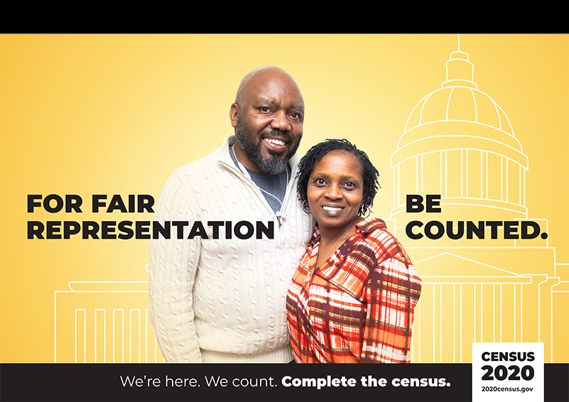 US Census poster picturing an African-American couple w/ the text: "For fair representation, be counted."