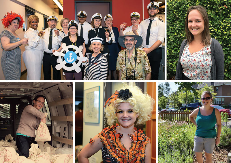 A collage of Kathleen Penna photos (left to right/top to bottom): 1) Kathleen at the "helm" of the Finance team's Loveboat-themed Halloween photo, 2) Kathleen posing in front of a hedge, 3) Kathleen schlepping bags of coins during a Penny Harvest coin drive, 4) Kathleen as Effie Trinket from the Hunger Games (which won her 1st Prize in a Solid Ground Halloween costume contest), & 5) Kathleen bathed in sunlight at Seattle Community Farm