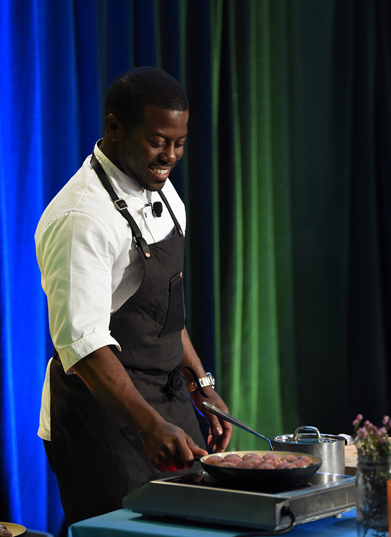 Chef Edouardo Jordan cooking up some meatballs at the Lunch-IN live show.
