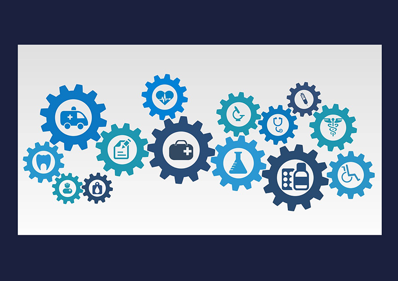 Healthcare-related icons with interlocking gears borders around each