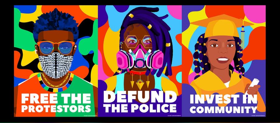 Three side-by-side images with bright colors in the background. First image says "Free The Protestors" and features a Black person with a mask and sunglasses and short hair. The second image says "Defund the Police" and features a Black person with gold rimmed glasses, and a bright pink mask. The third image features a Black child in a gold cap and gown, holding a diploma, and says "Invest in Community."