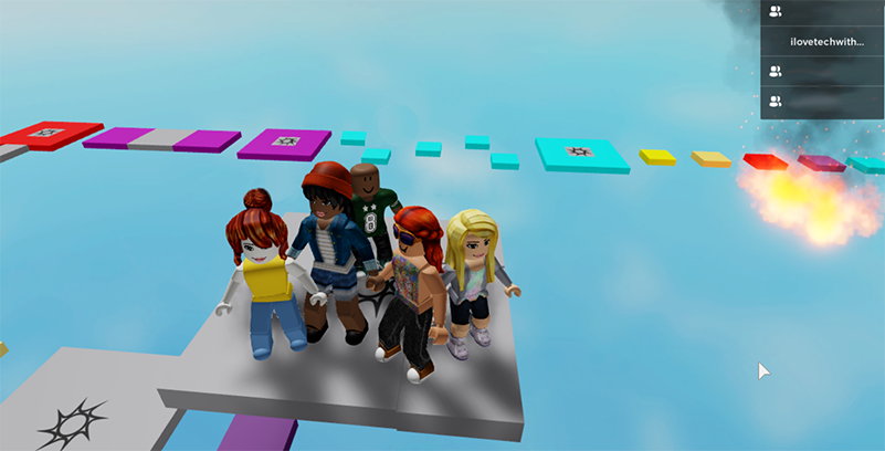 Screenshot of five video game youth characters standing on a grey platform in the middle of a blue sky, with purple, yellow, and teal stepping stones floating in the sky
