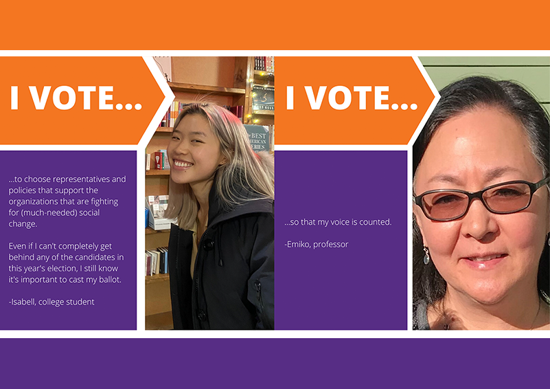 Poverty Action 2020 Voter Guide cover , orange and purple, with quotes from individuals pictured speaking to "WHY I VOTE..."