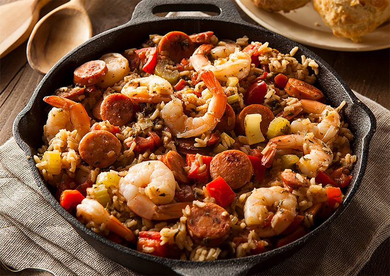 Jambalaya in a cast iron skillet