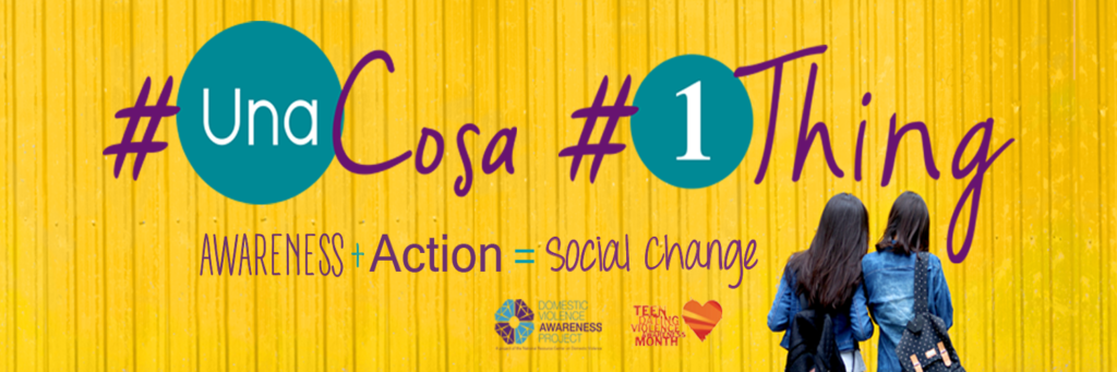 bright yellow banner with purple text reading hastag Una Cosa and hashtag 1 Thing