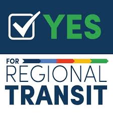 Square YES FOR REGIONAL TRANSIT logo with blue & green text, with a white checkbox