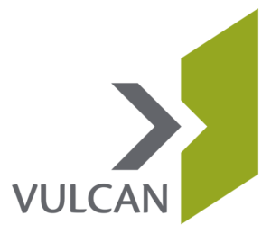 VULCAN logo with grey lettering and dark grey and olive green graphics