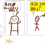 Youth drawing of two people commenting on the COVID-19 vaccine: 'Are vaccines good?' 'Are they bad?'
