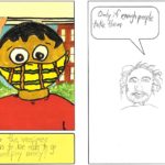 Youth drawing of two people commenting on the COVID-19 vaccine: 'Do the vaccines help us to be able to go outside and play safely?' 'Only if enough people take them.'