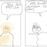 Youth drawing of two people commenting on the COVID-19 vaccine: 'You may feel sick' and 'Are there unknown side affects?'