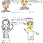 Youth drawing of four people talking about how to stay safe during the pandemic.