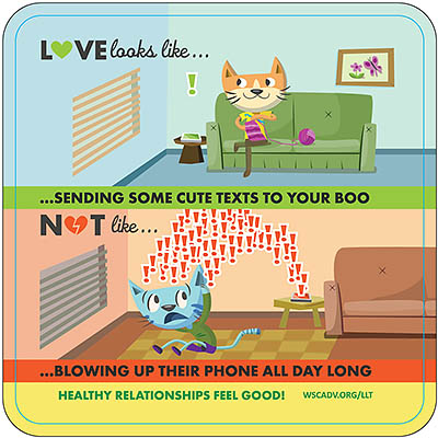 HEALTHY RELATIONSHIPS FEEL GOOD! 2-panel cartoon depicting two cats. It reads: LOVE looks like...sending some cute texts to your boo, NOT like...blowing up their phone all day long.