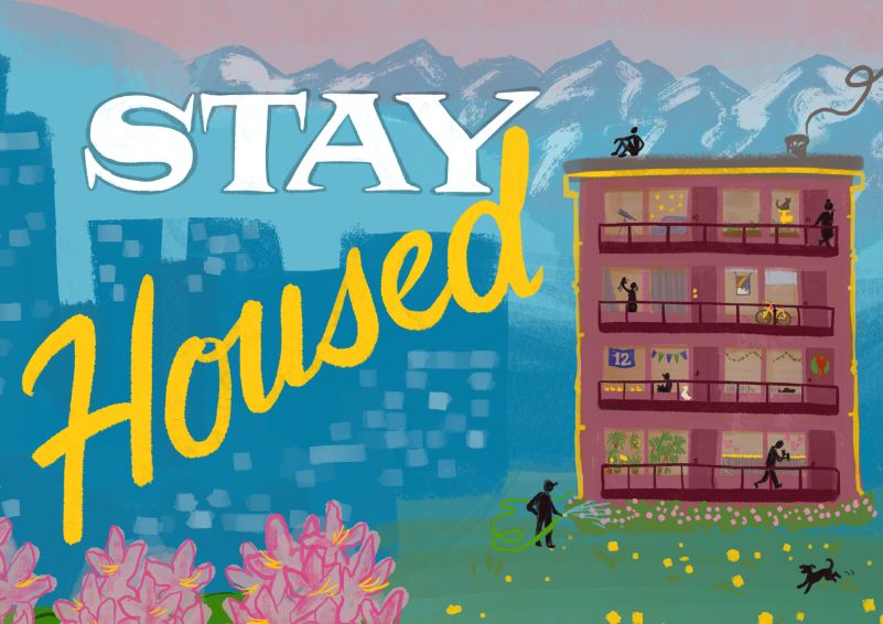 A colorful banner reading "Stay Housed"