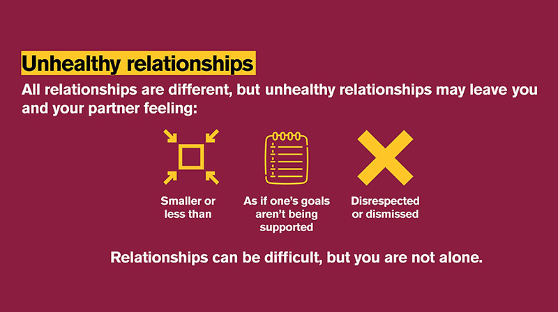 Maroon and gold infographic with black and white text explaining unhealthy relationships.