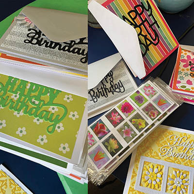 Colorful collection of greeting cards and stamps