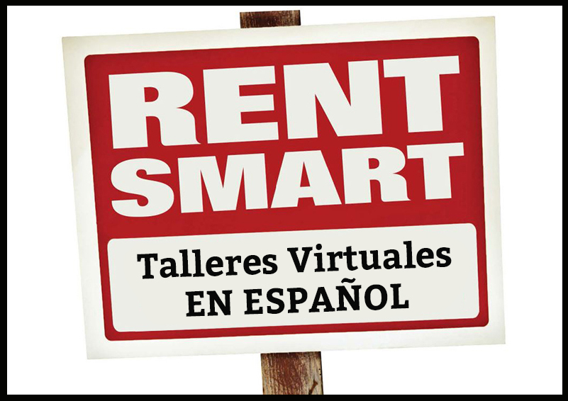 Red and white graphic with black border of sign reading RENT SMART Talleres Virtuales EN ESPAÑOL.
